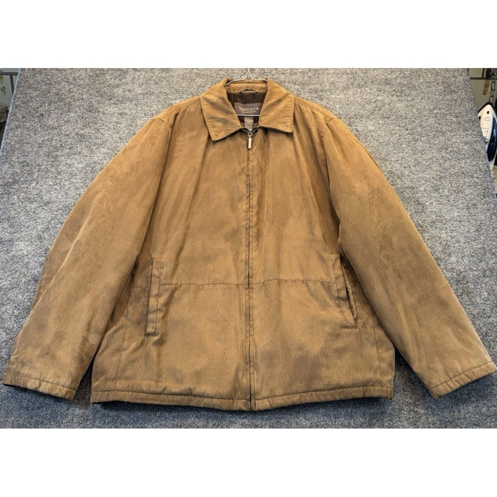 Men's Large Brown Faux Suede Jacket Van Heusen Plaid Lined Full Zip Coat